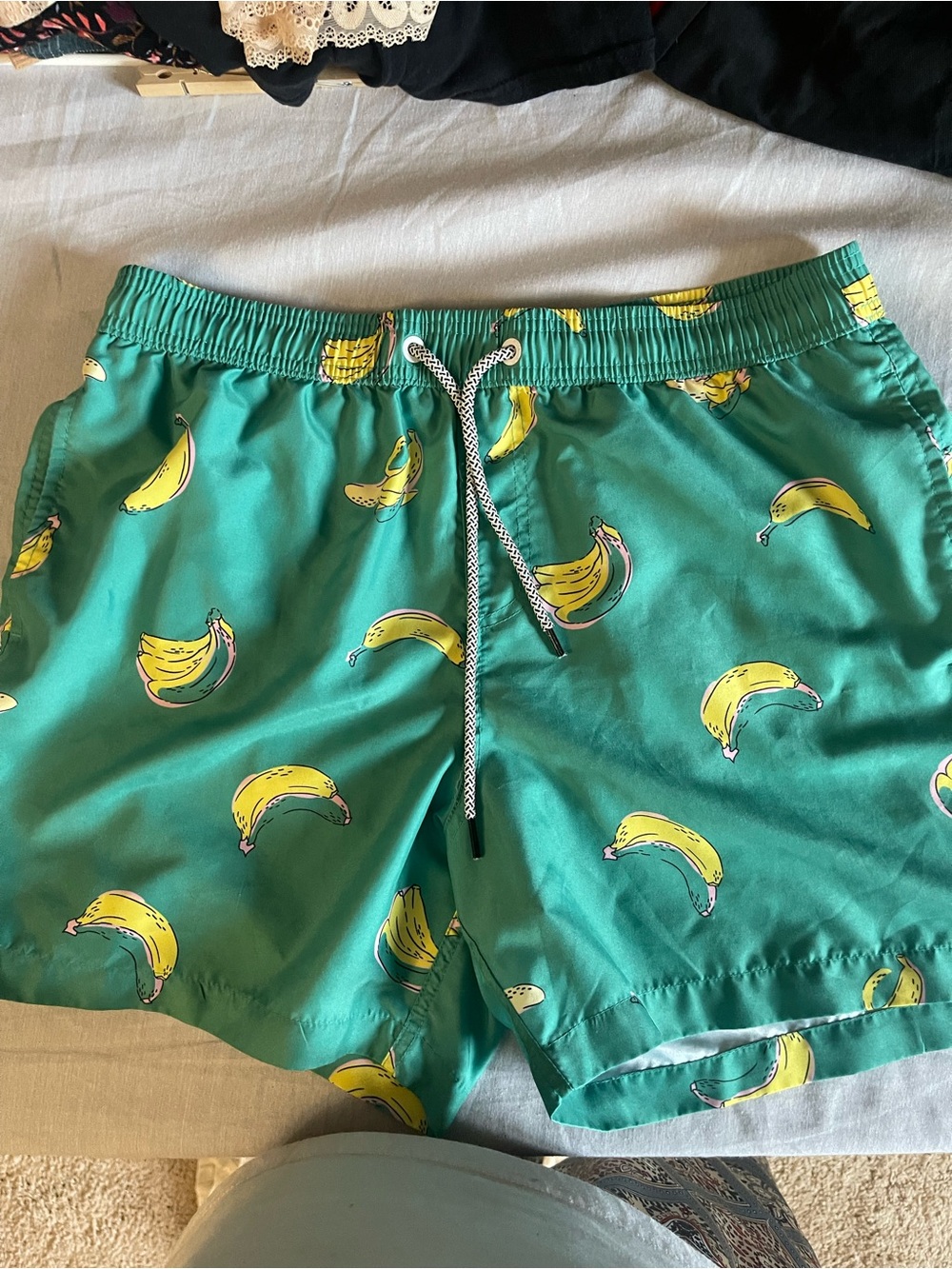 Magic Teal Swim Trunks with Yellow Banana Print